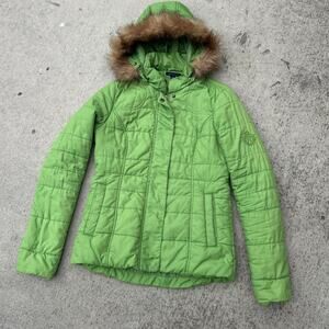 Y2k lime green Tommy Hilfiger women's puffer jacket with fur hood